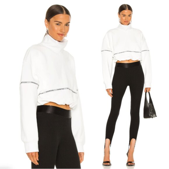 T by Alexander Wang Tops - ALEXANDER WANG Cropped Bubble Hem Logo Tape High Neck Sweatshirt White Size M